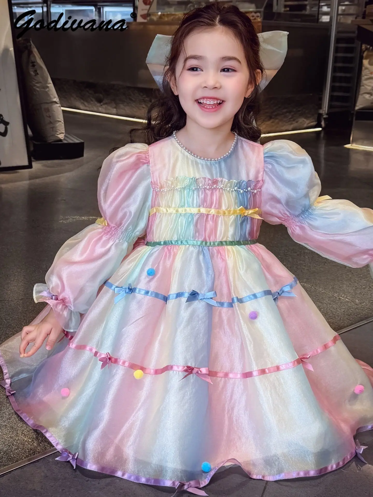 Sweet Baby Girls Spring 2026 New Korean Long Sleeve Princess Dress Kids Rainbow Gradient Bow Bubble Sleeve Pearls Collar Gown