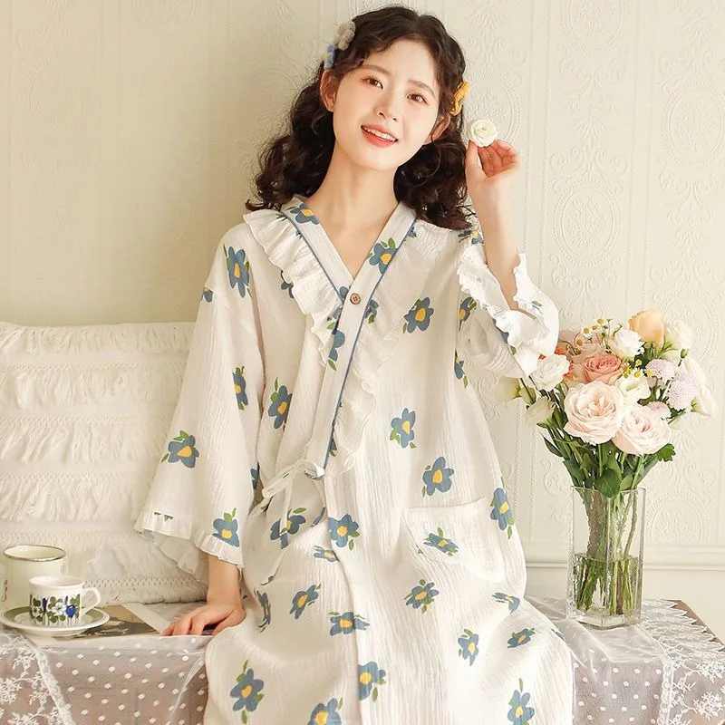 Women Spring Summer Sleeping Dress Split Sleeve Long Nightgown Double Layer Cotton Thin Gauze Sweet Home Bathrobe Sleepshirts