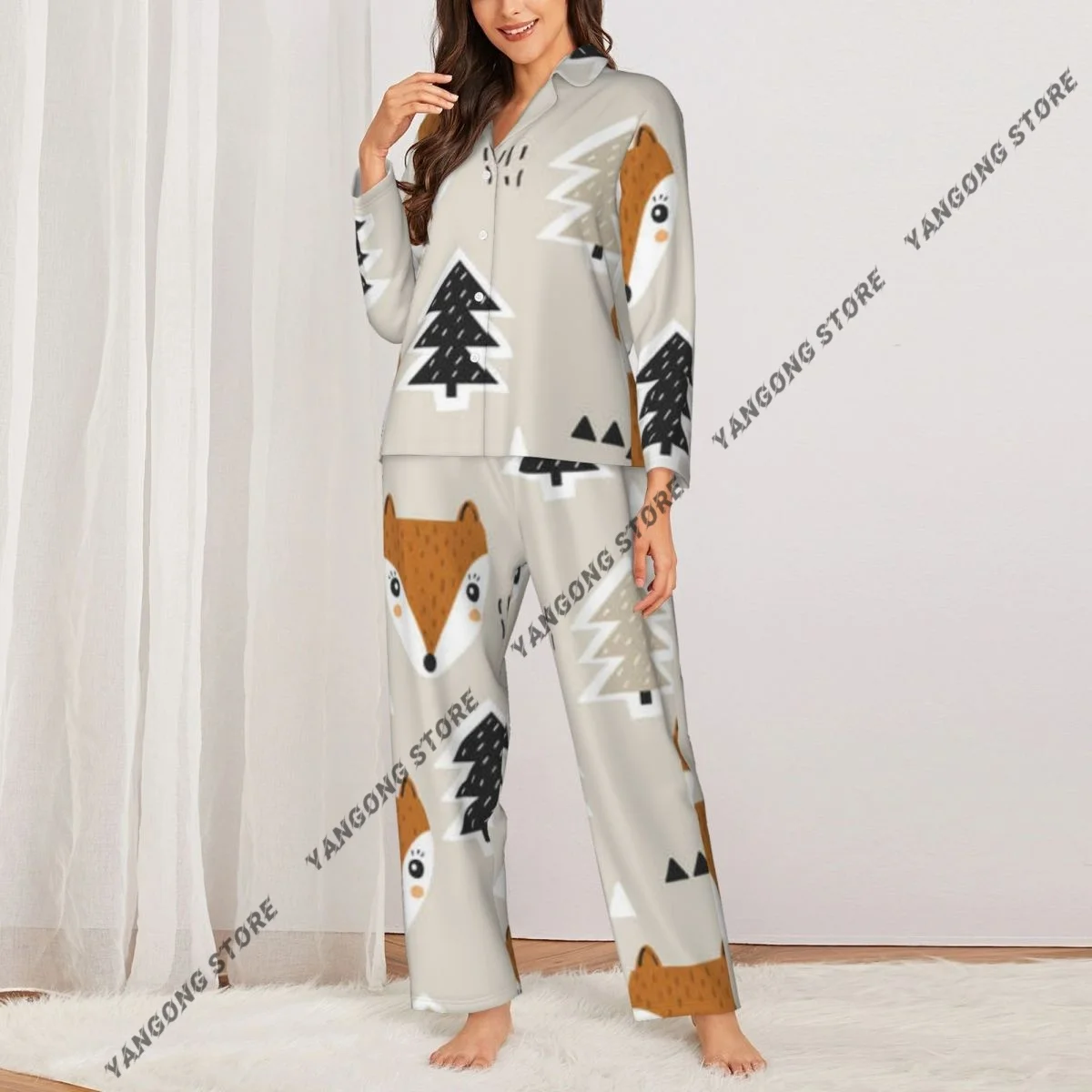 Foxes Fir Trees Pattern Womens Pajamas Loungewear Two-piece Sleepwear Button-Down Full Sleeve Long Pajamas Set