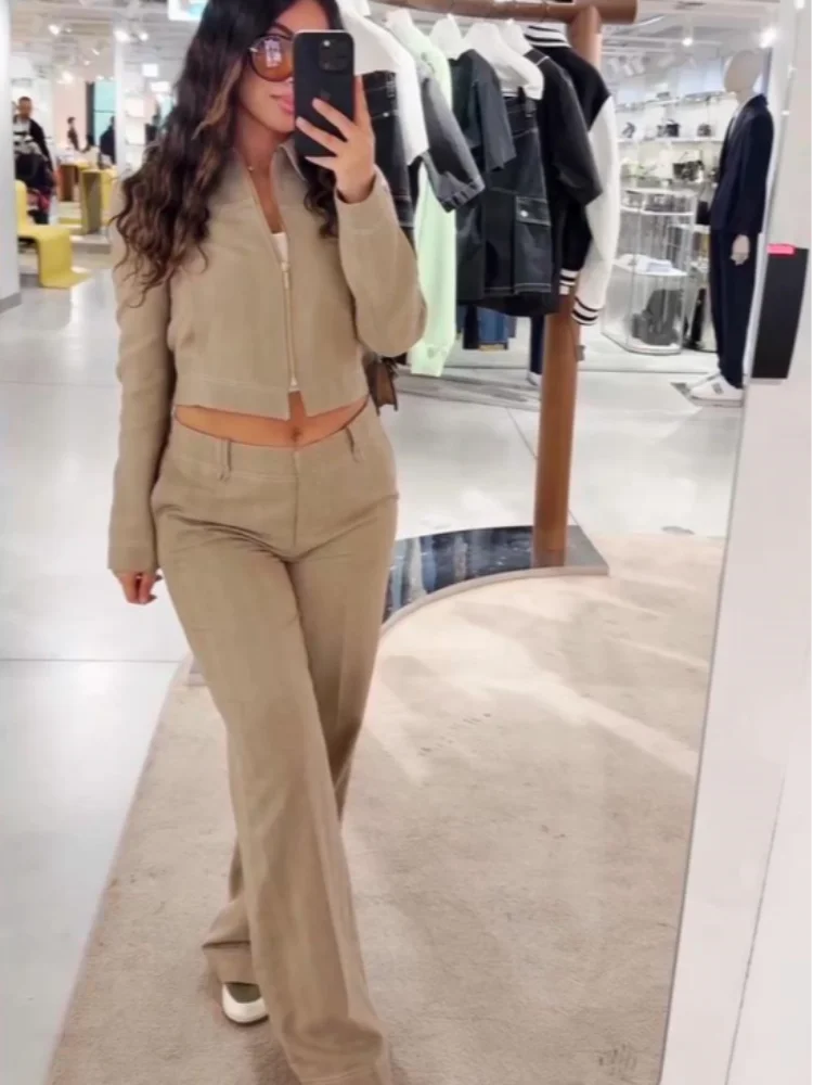 

Шикарные комплекты с пальто и брюками, женские элегантные куртки на молнии с длинными рукавами и лацканами, прямые брюки, комплект из 2 предметов, 2024, летняя осенняя женская одежда