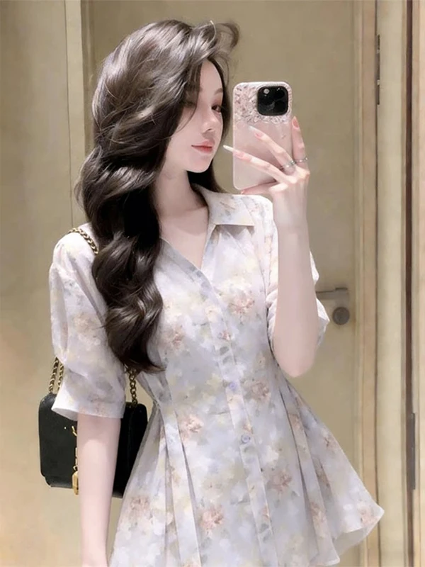 

Elegant Floral Print Midi Shirt Women's Korean Style Short Sleeve Light Purple Loose Fashionable Commute Wind Summer New Arrival