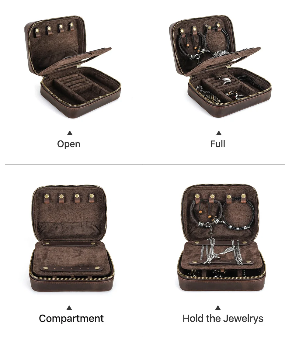 Luxus Doppelschicht Echtleder Schmuck Ohrring Armband Reißverschluss Box Reise Tragbarer Aufbewahrungskoffer mit Spiegel Geschenkverpackung – Detail 7