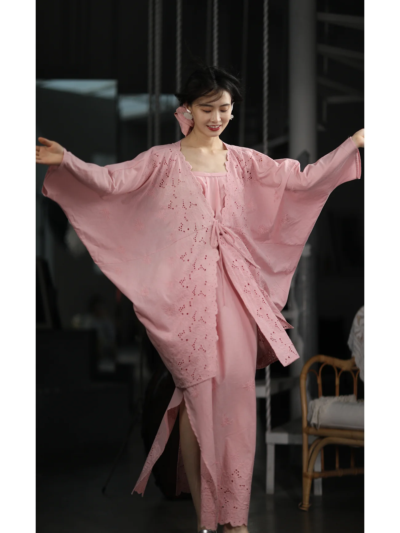 

Ninth Cloud Original Embroidered Hollow out 3D Proced Pink Outer Dr Set Women's Faion Summer Outfit Cotton Long Sv...