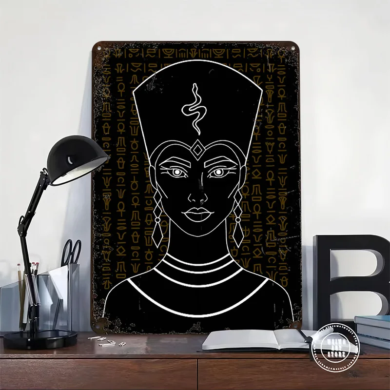 Nefertiti Line Art - Hieroglyphic Printed Poster Customized Wall Art Retro Vintage Metal Tin Signs for Mancave Decoration Room