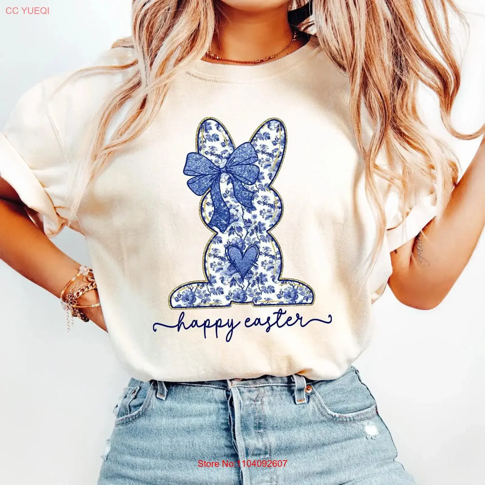Blue Toile Easter RabbiT T Shirt Happy Floral Chinoiserie Bunny Grand Millennial Bow vintage Washed Top For Everyday Wear