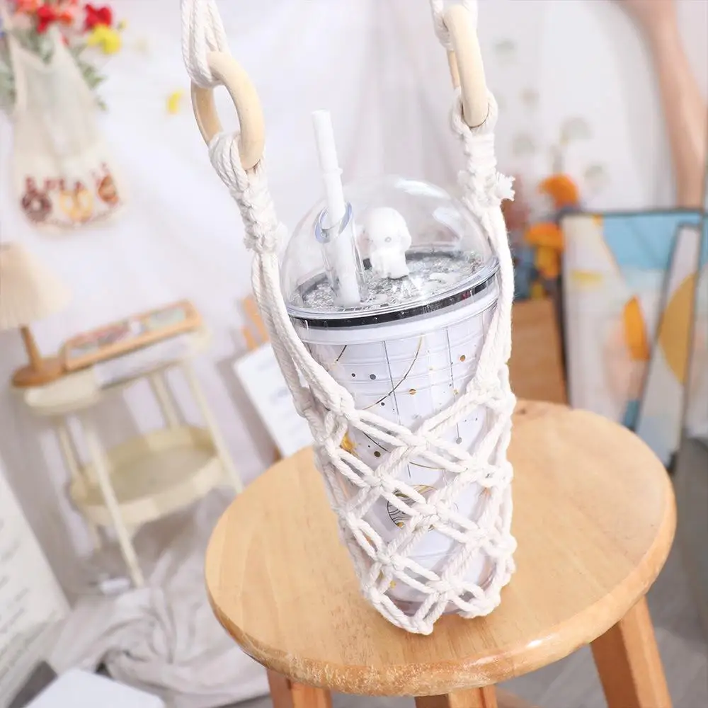Bohemian Hanging Bottle Net Bag Hollow Out Decorative Coffee Cup Holder Handmade Easy To Carry Crochet Wine Bottle Carrier
