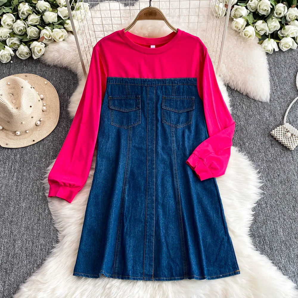 Women Color Matching Denim Dress Female Korean Version Long Sleeve T shirt Splicing Loose Medium Long A-line Dresses