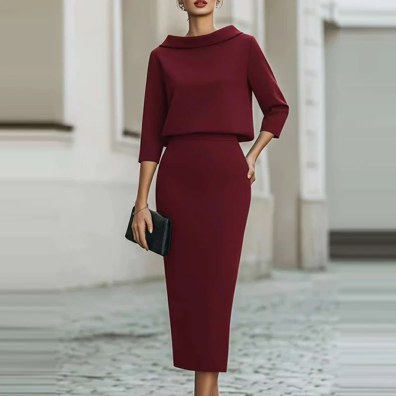 2026 Casual Hight Waist Slim Party Outfits Elegant O-neck 3/4 Sleeve Tops & Midi Skirt Sets Women Commute Solid Two Piece Suit view 3
