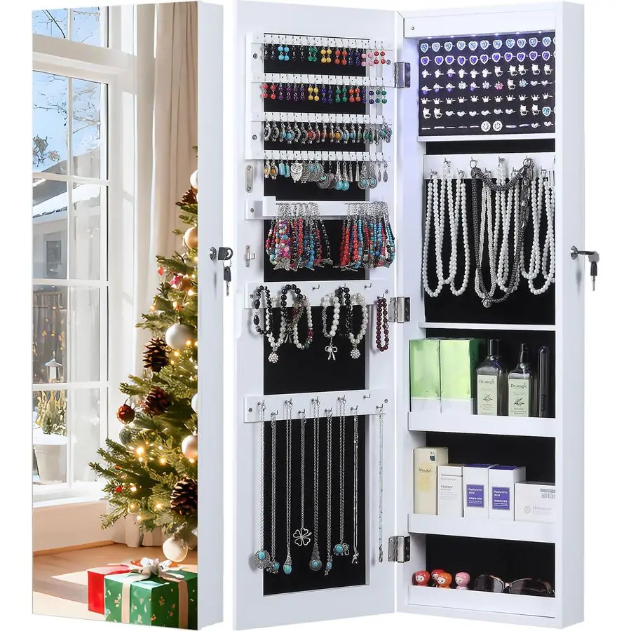 

Зеркальный шкаф для украшений в полный рост, с 6 светодиодами, настенный или навесной, органайзер для хранения и демонстрации украшений