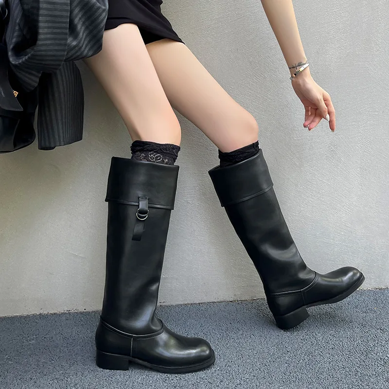 Arden Furtado Metal buckle cowhide Riding boots Round toe Pull-on Middle heel Knee high boots Large size Women's Boots