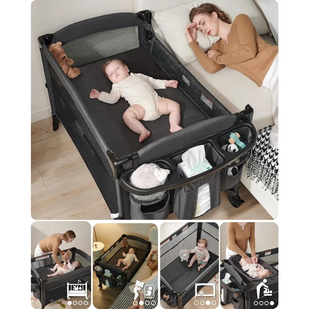 4 في 1 سرير أطفال بجانب السرير، طاولة تغيير محمولة قابلة للتحويل لحديثي الولادة مع فرامل عجلات #2