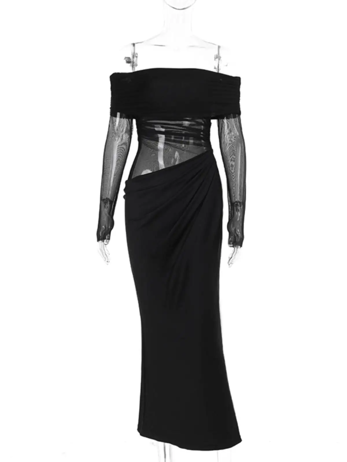 Abito sexy scollato in rete con spalle scoperte Abito lungo nero primavera estate da donna trasparente abito nero