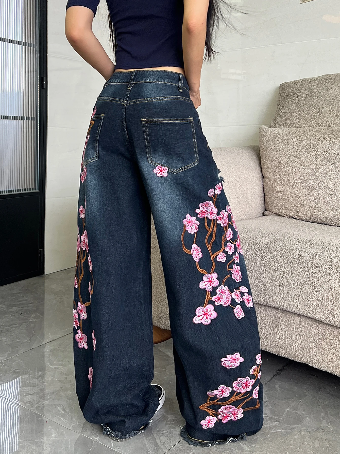 European And American High-Waisted Wide-Leg Denim Pants With Plum Blossom Embroidery, Distressed White Raw Edges, And Holes