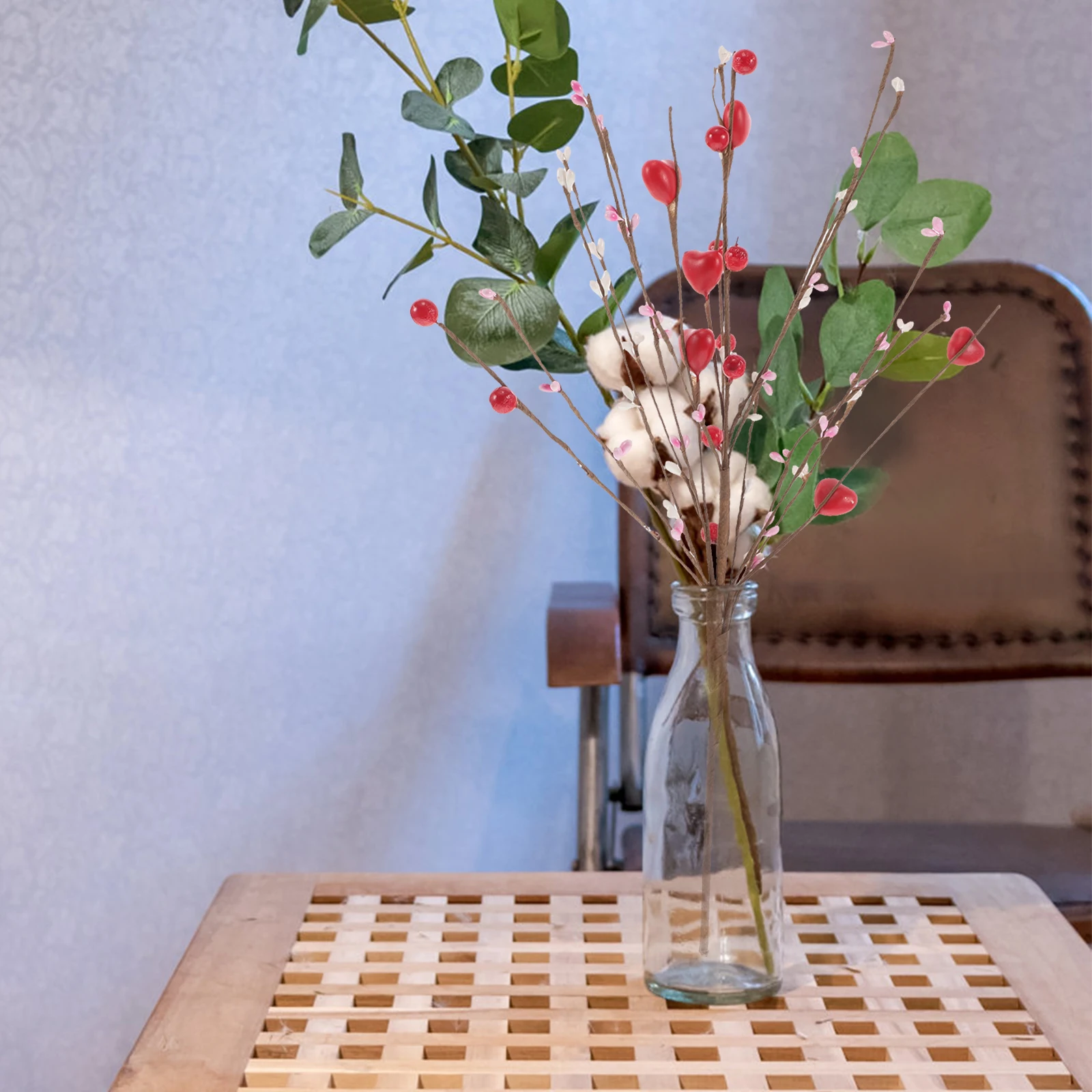 

3Pcs Valentines Day Decor Red Heart Picks Artificial Berry Stems Wedding Anniversary Vase Fillers Valentine Party Supplies