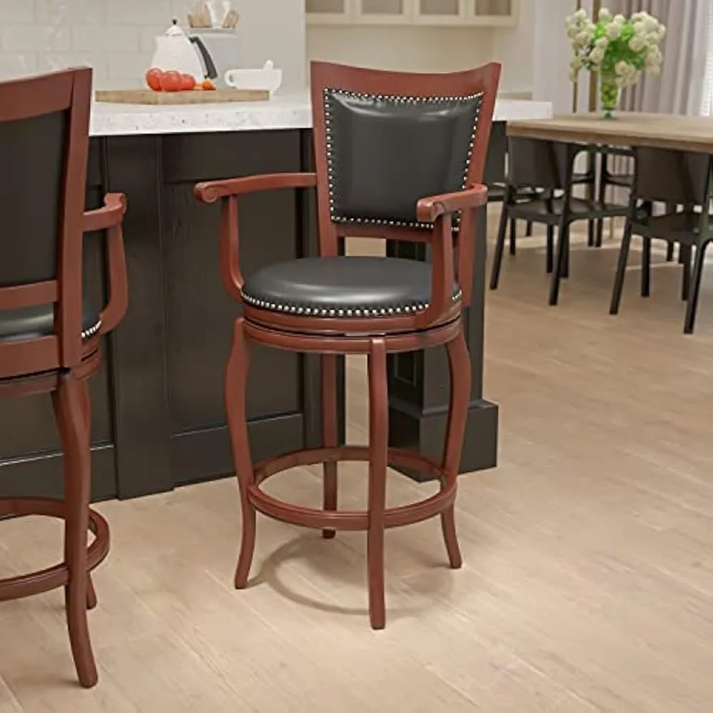 Sillas de café Vestina 30" LeatherSoft con reposapiés y brazos, respaldo de escalera clásico tapizado en madera de cerezo/sillas de cafetería negras