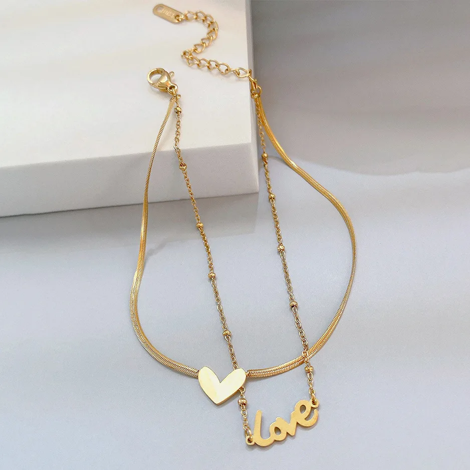 OIMG 316L Stainless Steel Gold Color Foot Jewelry Vintage Trendy Double Layer Heart Letter Pendant Anklet For Women Bohemain