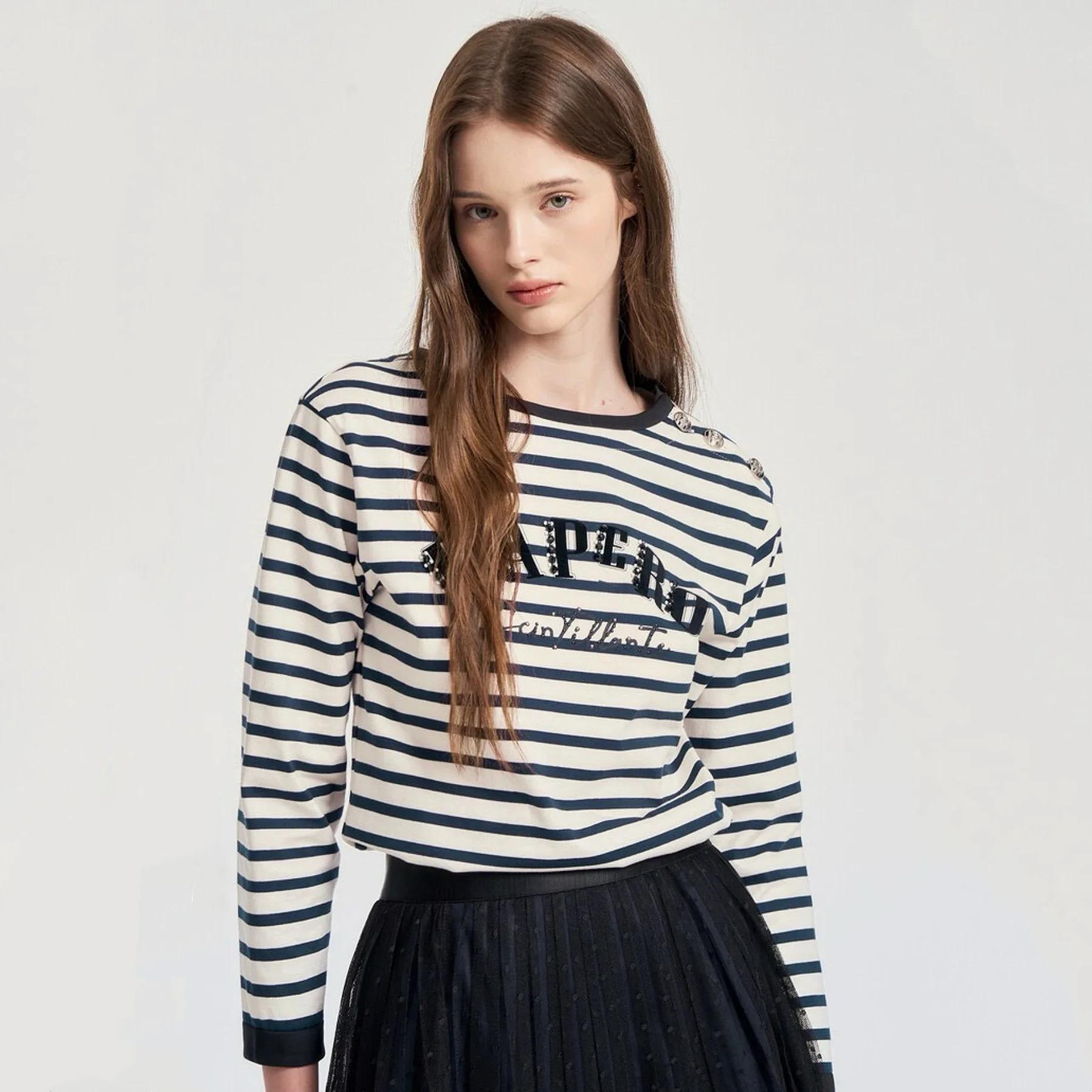 

Design Sense T-irt Letter Embroidery round Ne Diamond Heat Transfer Floing Striped Commute Sle Loose Fit Long Sve