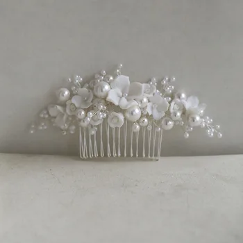 SLBRIDAL Handmade Crystal Rhinestone Pearls Ceramic Flower Bridal Hair Comb Wedding Hair Accessories Bridesmaids Women Jewelry