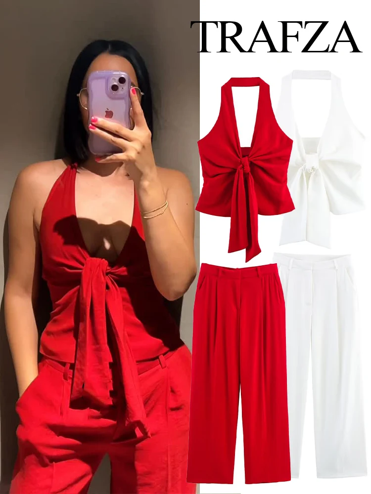 

TRAFZA Women 2-Piece Pant Suit Hanging Neck Collar Knot Decoration Top+Chic High Waist Side Pocket Zipper Pleated Wide-Leg Pants