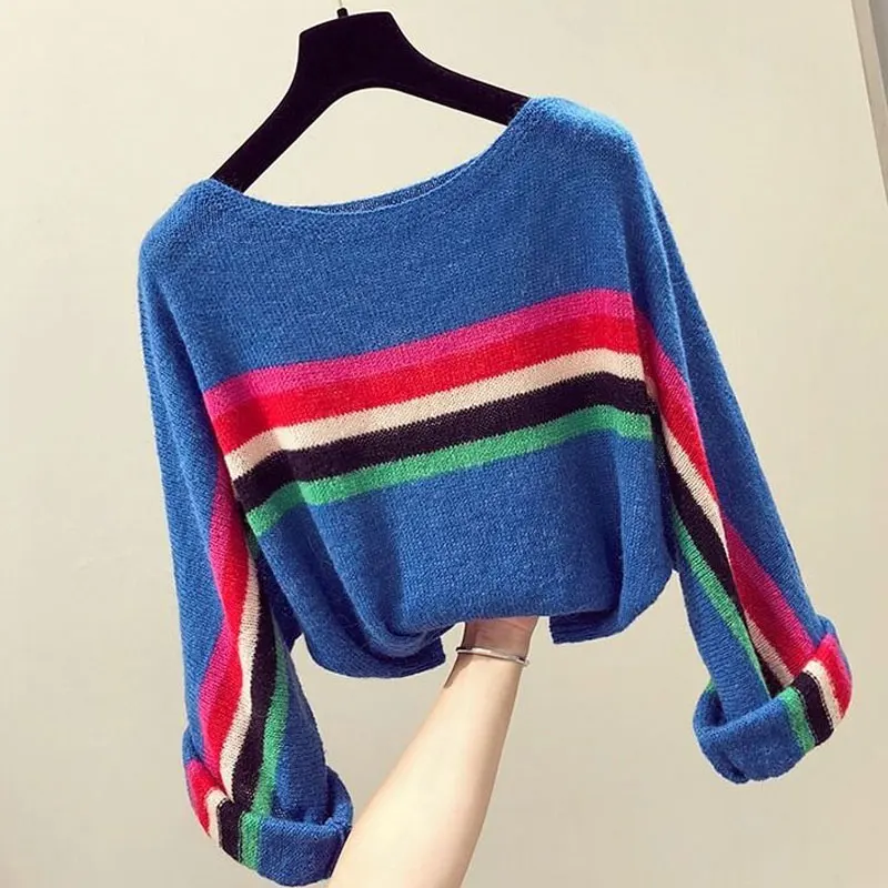 Women\'s Clothing Color Striped Jumpers Casual Loose Spring Summer Thin Round Neck Korean Long Sleeve All-match Knitted Sweaters