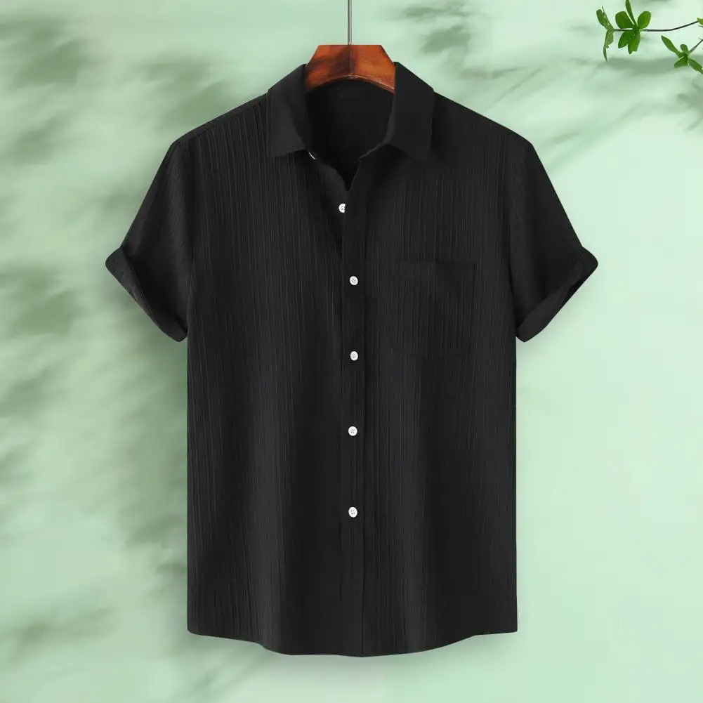 Men Solid Color Shirt Men's Casual Breathable Short Sleeve Shirt with Chest Pocket Button Closure Soft Loose Fit for Daily