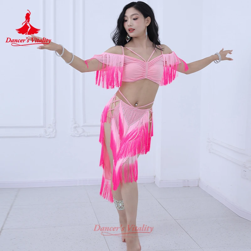 Strój do tańca brzucha dla kobiet, ekskluzywny, seksowny, dwukolorowy, z frędzlami, zestaw do ćwiczeń tańca orientalnego dla dorosłych.