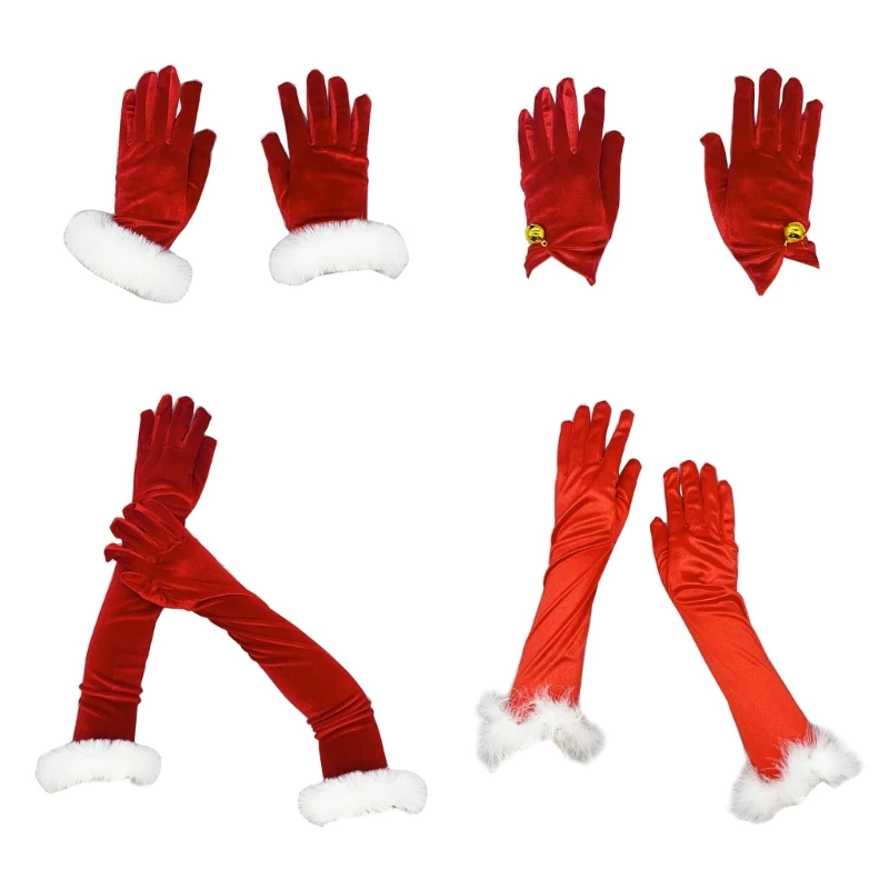 Santa Gloves with Bells/White Cuffs Adult Plush Warm Gloves for Outdoor Cycling