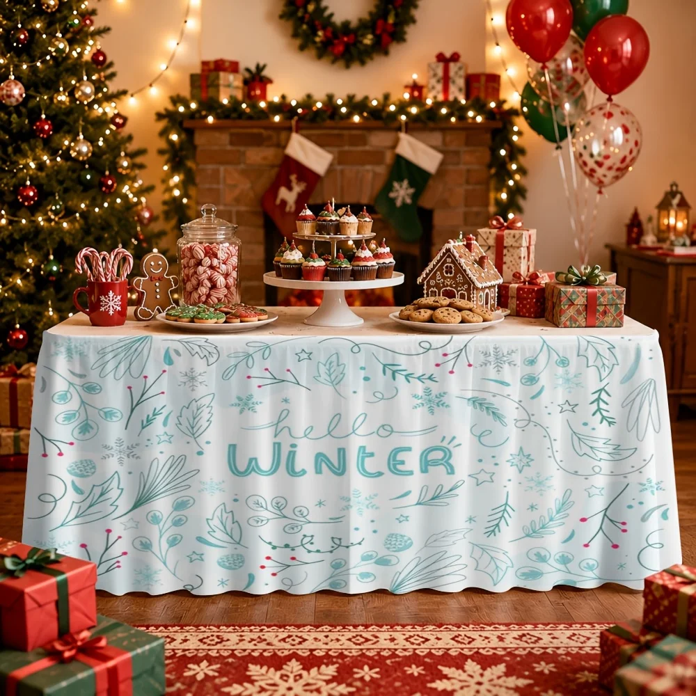 1 Christmas-themed Hello winter print tablecloth and table skirt for an indoor Christmas holiday pageant