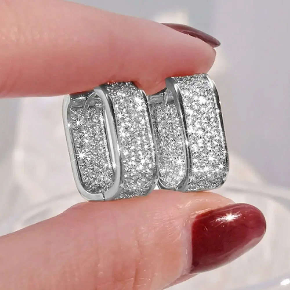 Shiny Geometric Square Earrings Luxury Full-Paved Korean-Style Zirconia Stud Earrings Elegant Zinc Alloy Ear Hoops for Women