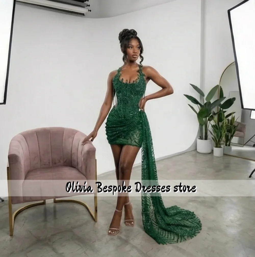 Homecoming Chic Red Halter Neck Beaded Ruched Mini High Low Side Train Cocktail Party Prom Dresses for Women Customized Cocktail