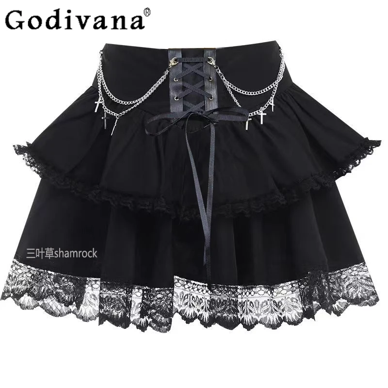 

Summer New Subculture Dark Y2k Black Punk Lace Cake Skirt Cool Girls Streetwear Lace-up Sexy Personality Party Mini Short Skirts