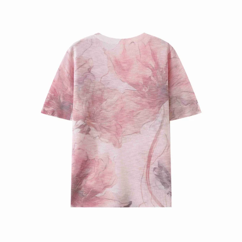 Pull tricoté à col rond pour femmes, manches courtes, bas solide, impression et teinture, haut décontracté