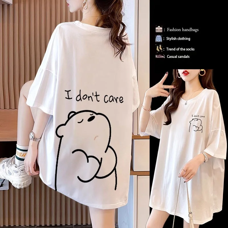 

plus Size White Pure Cotton Short Sleeve T-Shirt Women's Loose Slimming Cartoon Print Summer Half Sleeve Top Commute Style