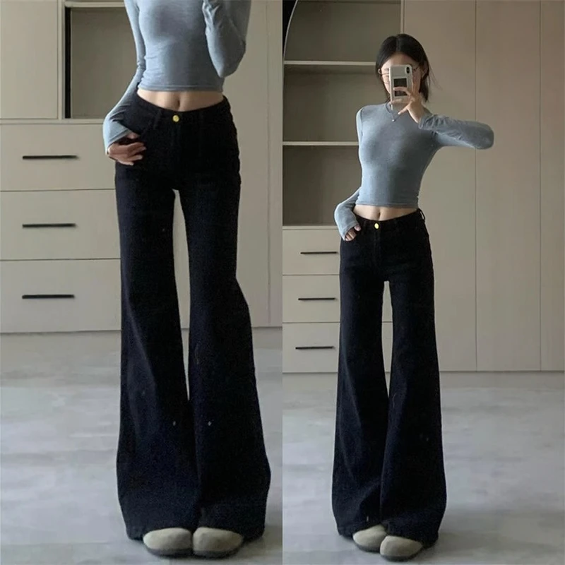 

American Style High Waist Slim Fit Bell Bottom Jeans Women's Casual Wear Resistant Denim Spring Autumn Fashion Ladies Jeans