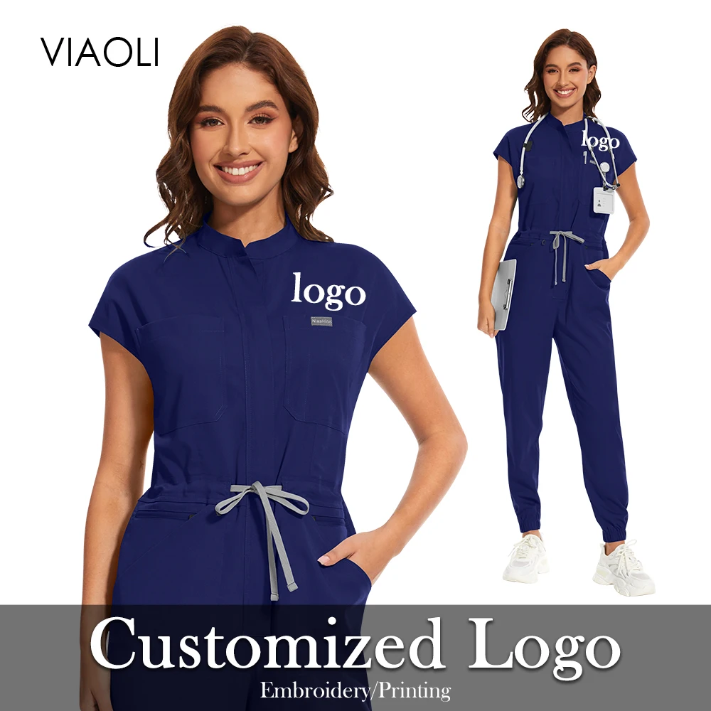 Printed or Embroidered Logo Nurses Uniforms One-piece Jumpsuit Scrubs Customized LOGO Fashion Work Clothes High Quality Workwear