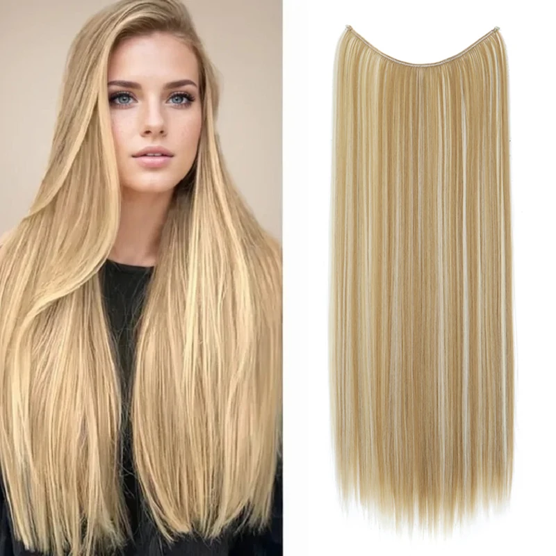 Synthetic 24Inch No Clips in Hair Extension Long Straight One Piece Invisible Fishing Line Black Blonde Hairpiece for Women