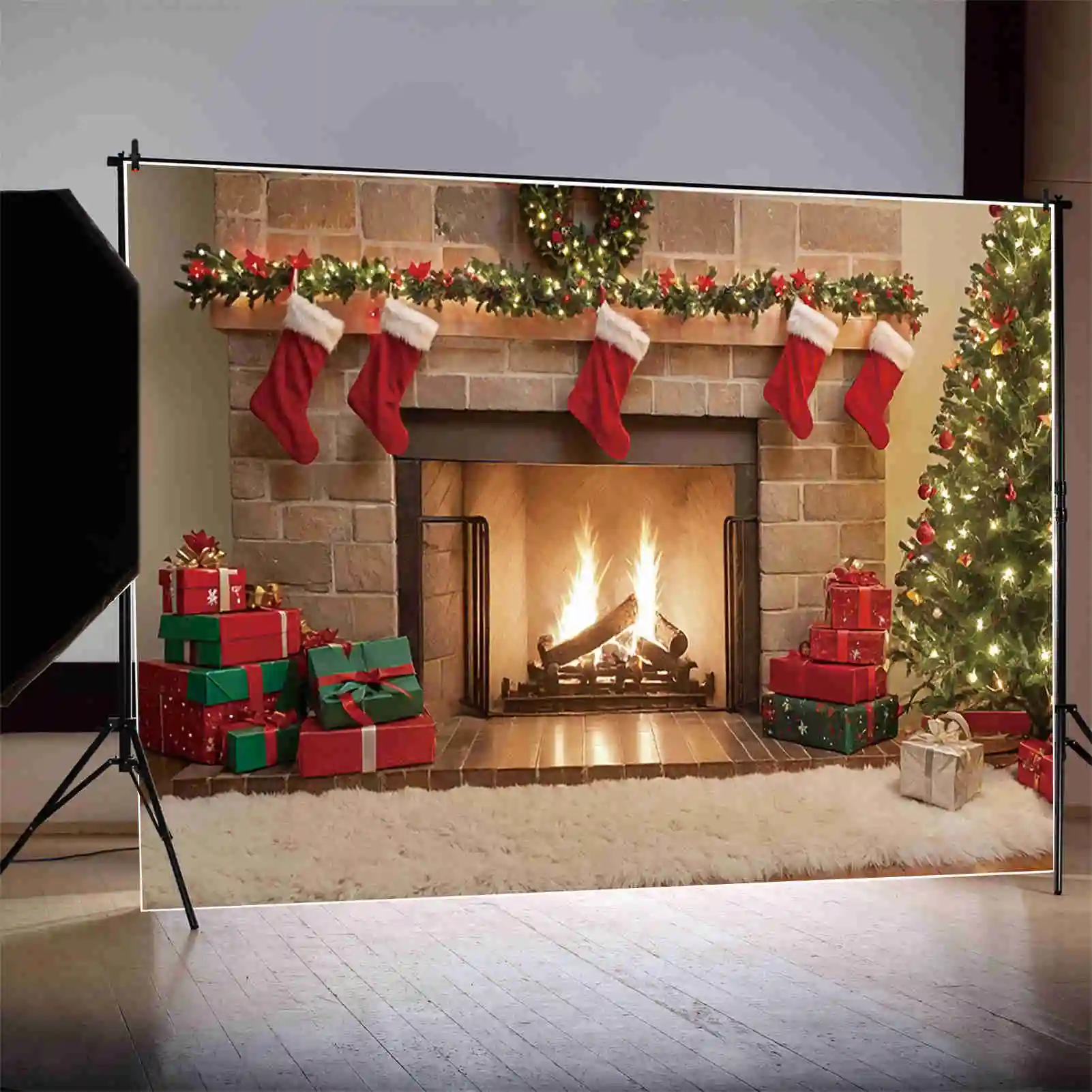 MOON.QG Christmas Fireplace Frame Christmas Tree Background Ornamented Tree Gift Vintage Stove Backdrop Party Photocall Supplies