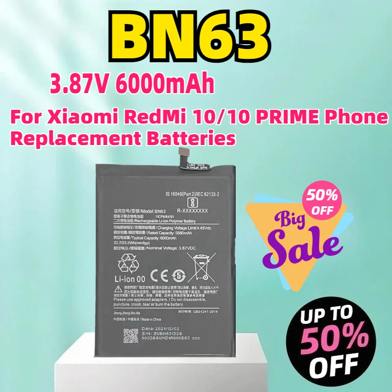 

Аккумулятор BN63 3,87 В 6000 мАч для Xiaomi RedMi 10/10 PRIME, сменные аккумуляторы для телефона