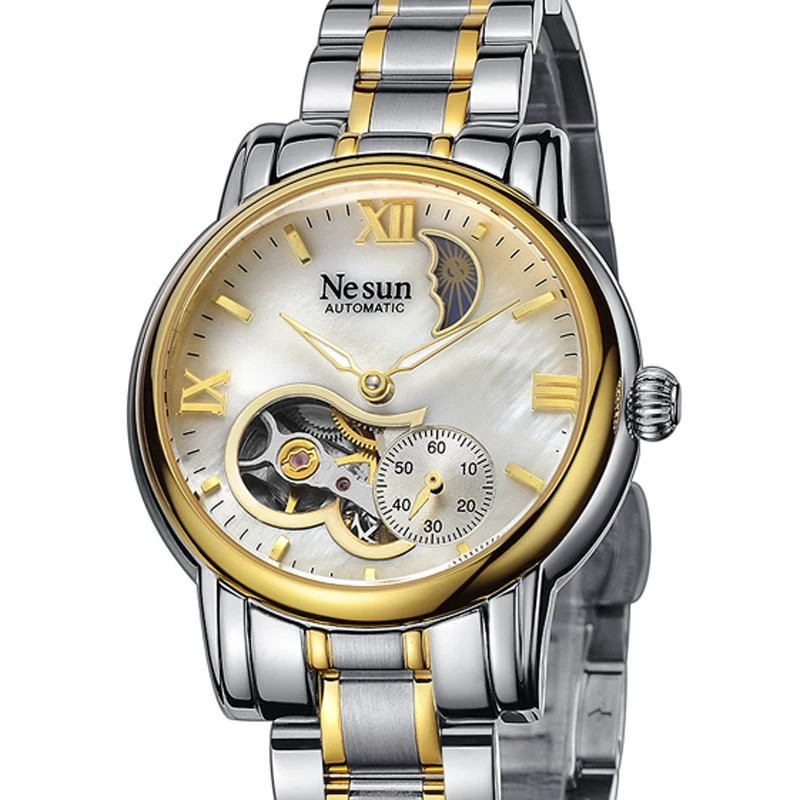 Switzerland Luxury Brand NESUN Hollow Automatic Mechanical Women's Watche Stainless Steel Clock Moon Phase Waterproof N9061-1