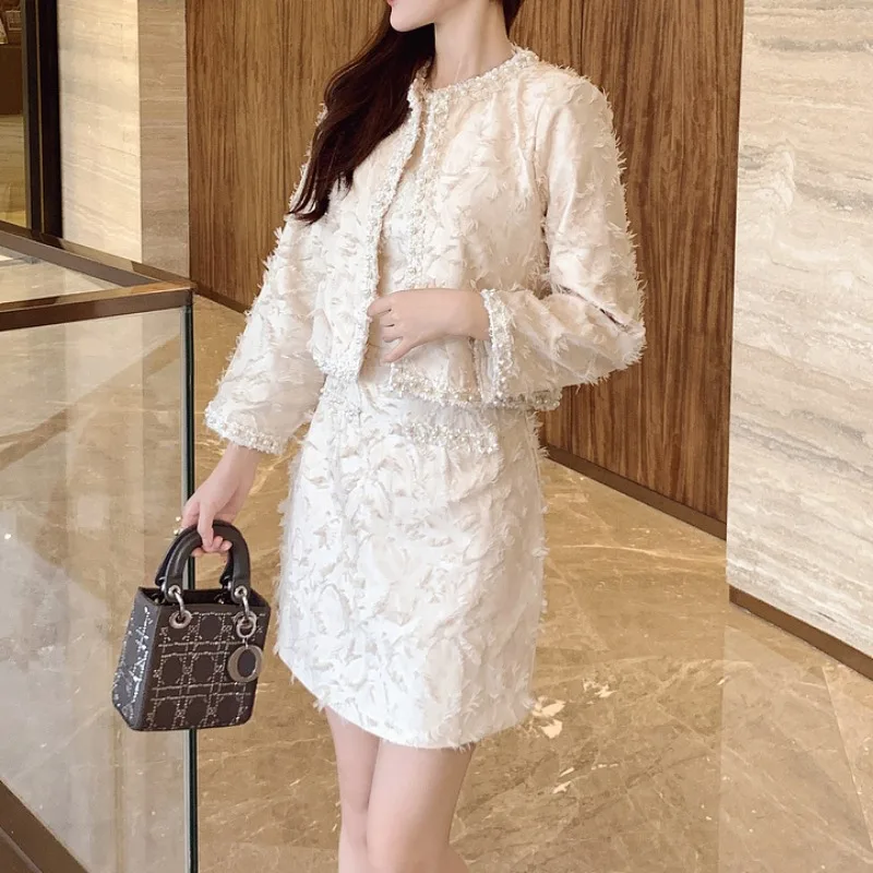 Apricot Pearl Elegant Two Piece Sets Women Streetwear O-neck Long Sleeve Jacket and Skirt Lady Holiday Party Luxury Skirts Set