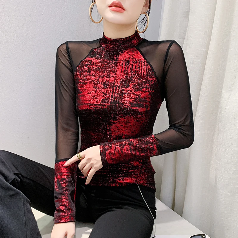 MadBlack, European Clothes T-Shirt, Sexy Women Mock Neck Patchwork Top, Long Sleeve Slim Mesh Clubwear Tee, Fall Winter T40322CC