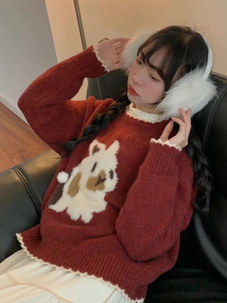 Wine Red Christmas Rabbit Sweater Female Pullover Kintwear Autumn Winter Cute Knitted Gentle Tie Top New Year Chic Clothes