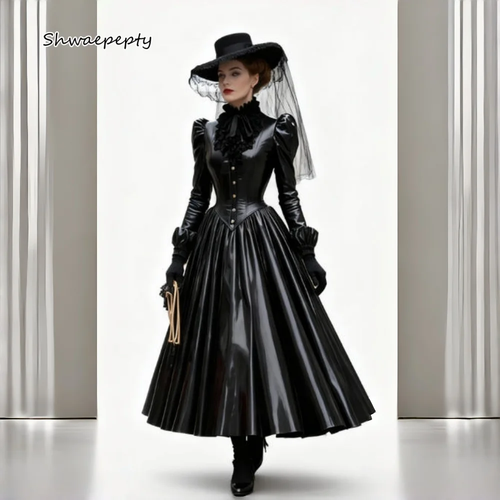 Gotisches viktorianisches schwarzes PU-Leder-Abschlussballkleid mit hohem Kragen und langen Ärmeln, A-Linie, klassische Abendkleider für Damen, Kostüm individuell