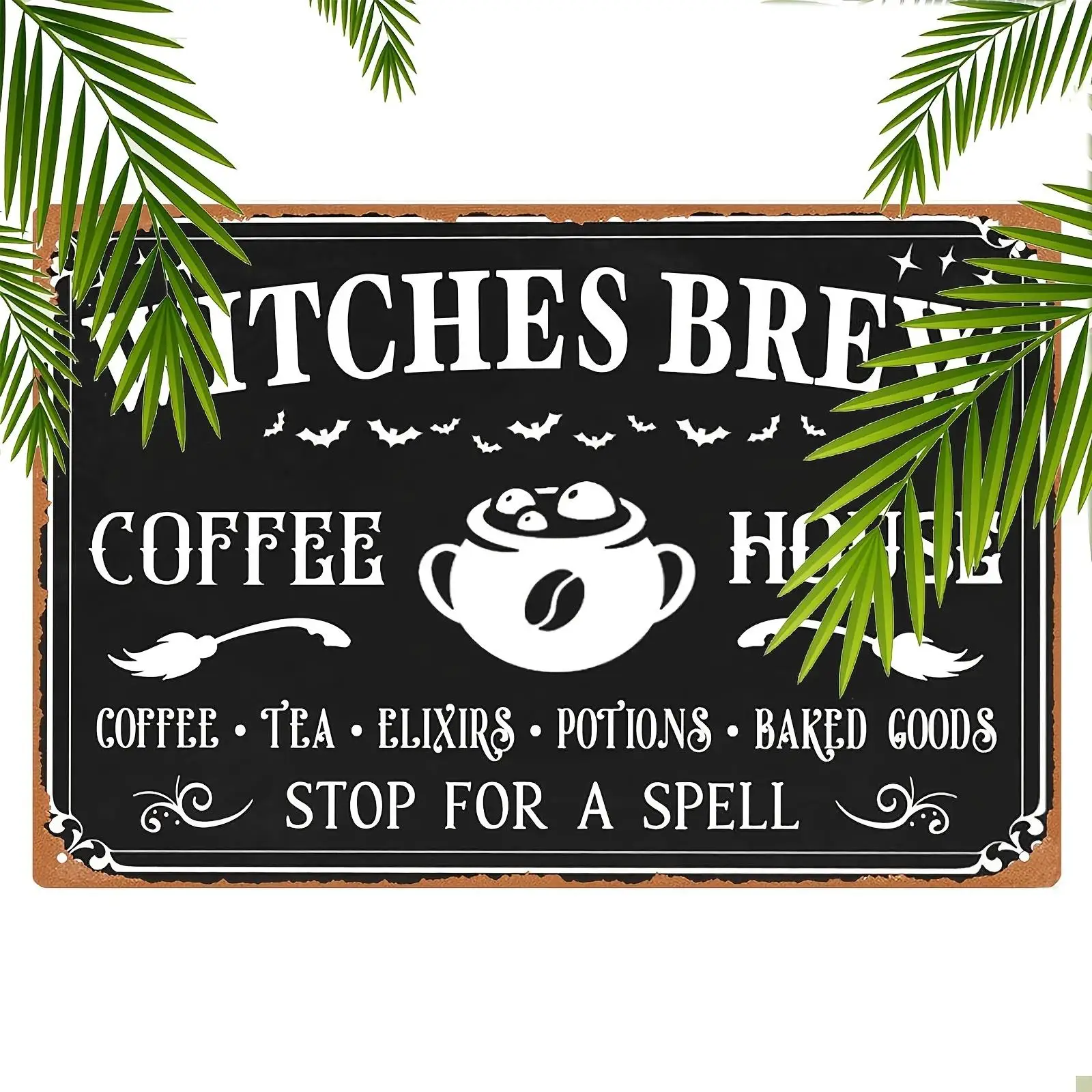 Witch'S Brew Coffee House Metal Sign - Gothic Halloween Decor with Witch Hat, Broomstick & Cauldron Design - Heavy-Duty Iron Wa