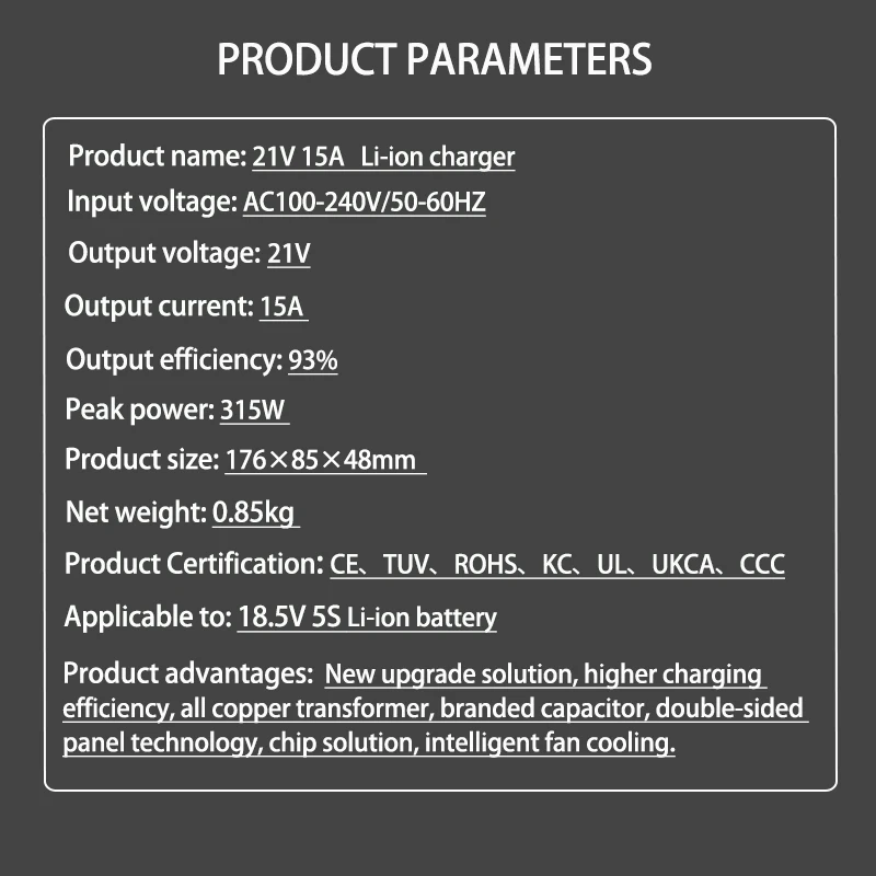 Ładowarka do akumulatorów litowych 21V 5A 15A, adapter ładowarki 21V 5A, szybka ładowarka 15A, do pakietów akumulatorów 5S 18.5V, wbudowany wentylator chłodzący — zdjęcie produktu 3