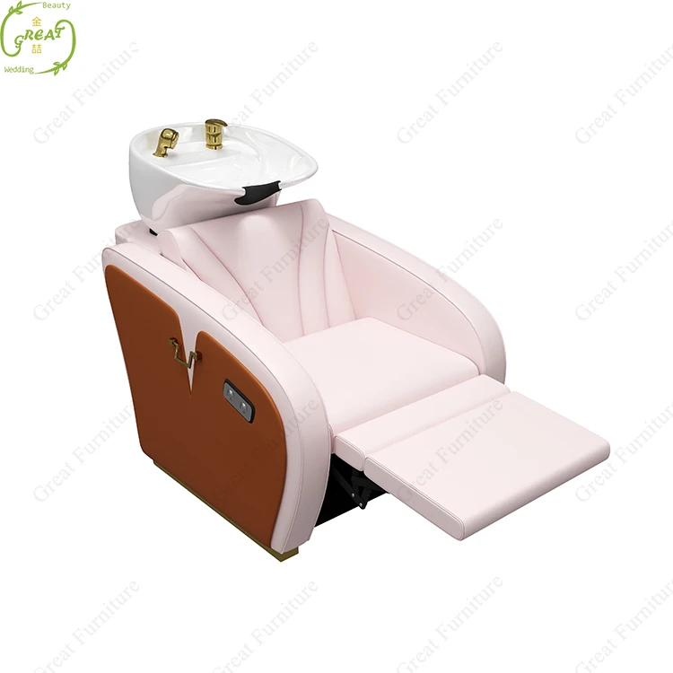 

Modern Electric Barbershop Washing Chair Reclining pink Leather Salon Shampoo Bed