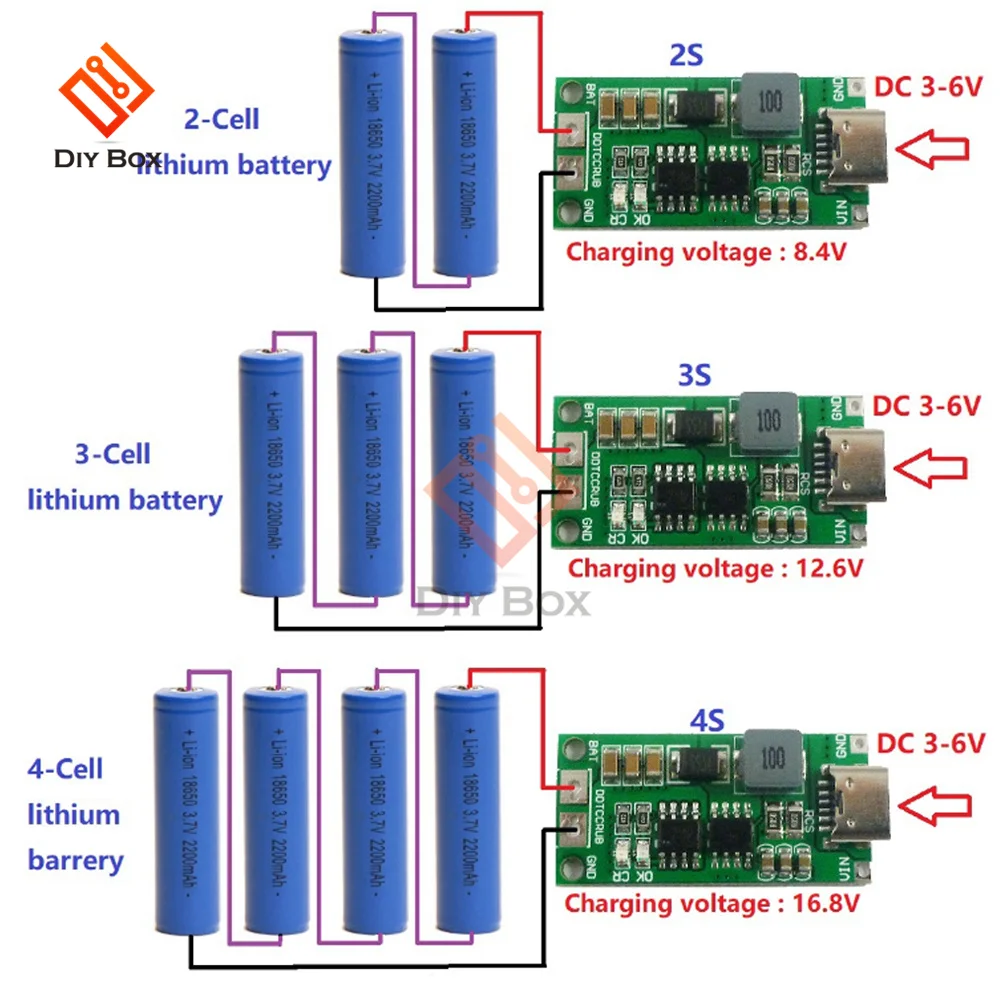 Multi-Cell 2S 3S 4S Type-C To 8.4V 12.6V 16.8V Step-Up Boost LiPo Polymer Li-Ion Charger 7.4V 11.1V 14.8V 18650 Lithium Battery