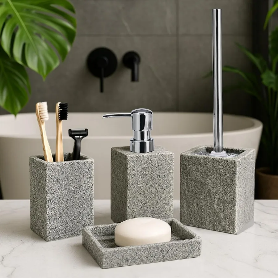 

Bathroom Accessories Set - Soap Dispenser Toothbrush Holder Soap Dish Toilet Brush Toilet Brush Holder - Grey Stone Modern Bath