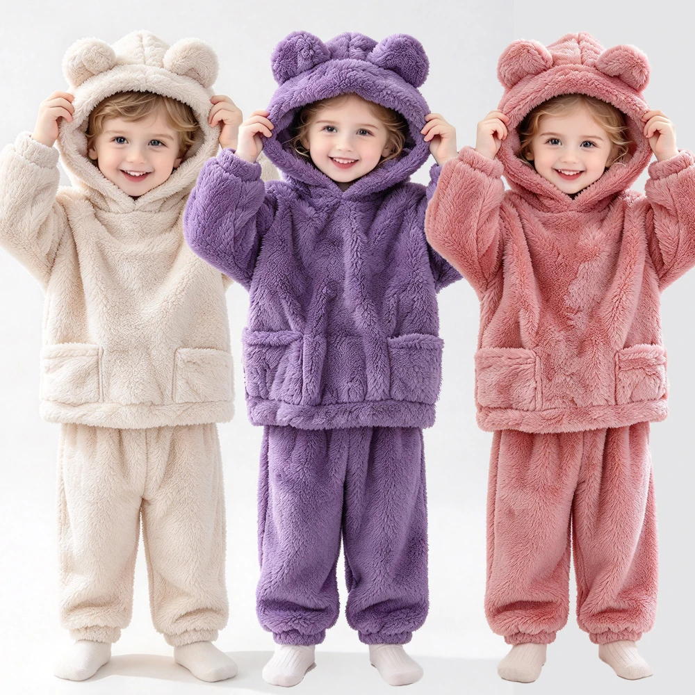 Boys Pajamas Set Dark Blue Brown Cute Kids Pijama with Ears Bear Warm Toddler Boy Pyjama Pullover Child Sleepwear Home Clothes