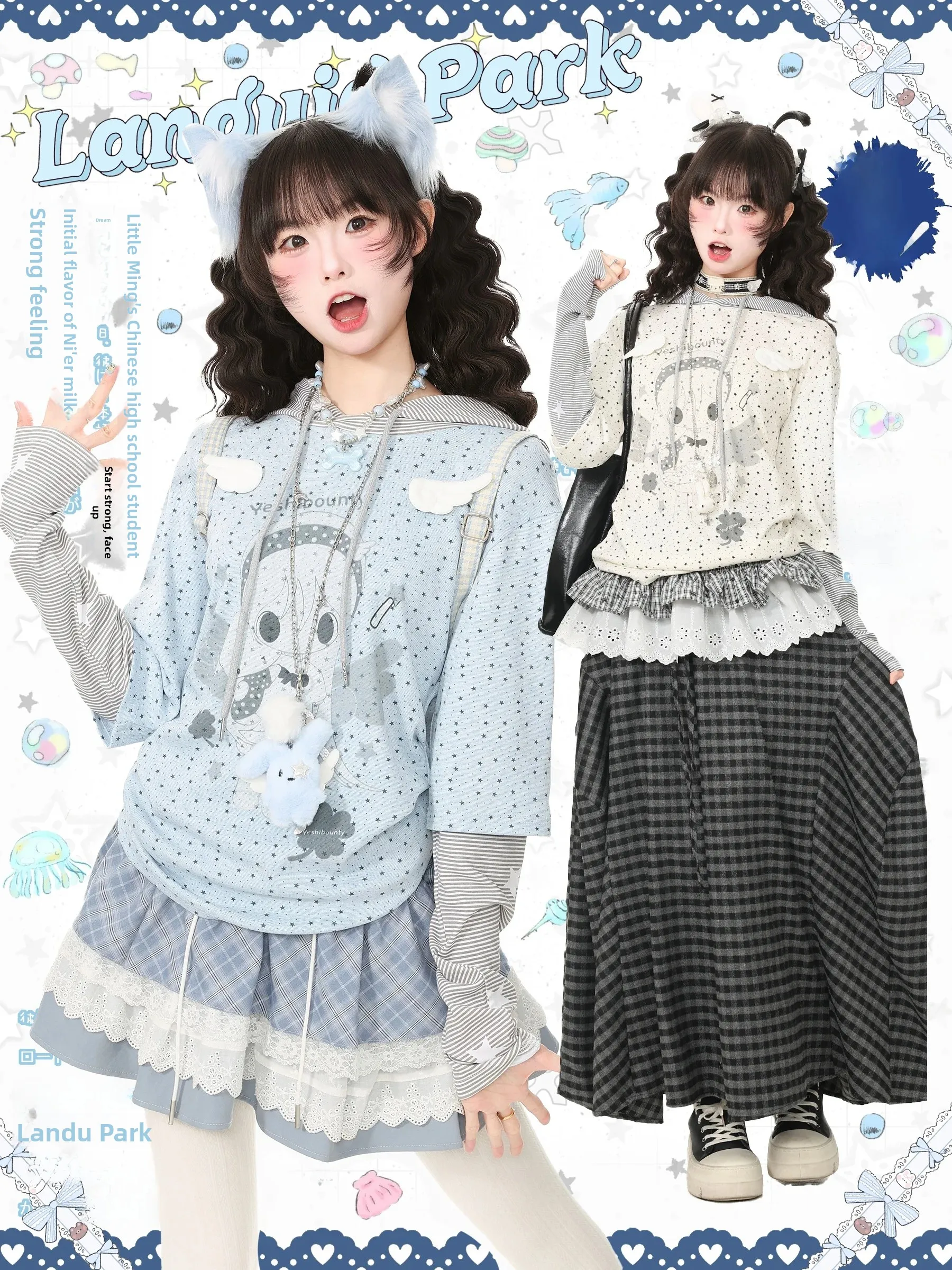 Blue Ghost Park Languid Park Subculture Star Print Striped Hoodie T-Shirt Women's Autumn Long Sleeve Casual Style Cotton Poly...